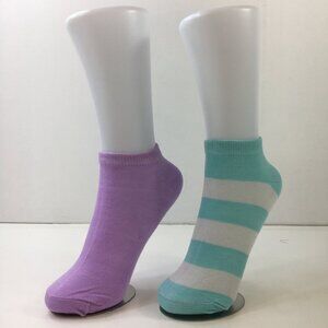 Womens Ankle Socks Set 2 Stripes Solid Purple Teal White